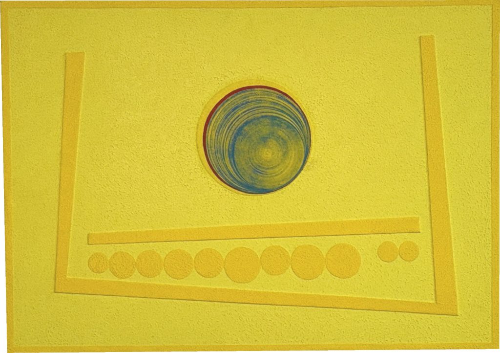 Konkrete Kunst von Jot mit geometrischen Formen, Kreis und Rechteck, minimalistische Komposition